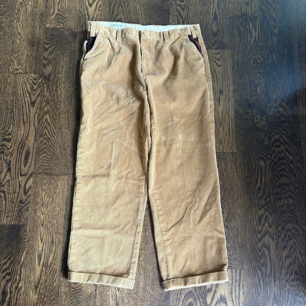 Vtg Orvis Leather Trim Corduroy Pants Mens 38x29 Tan Wide Wale Straight Trousers